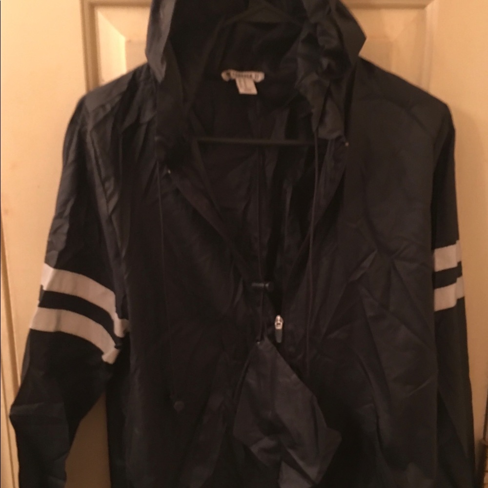 Forever 21 Black Hooded Nylon Jacket, Size M